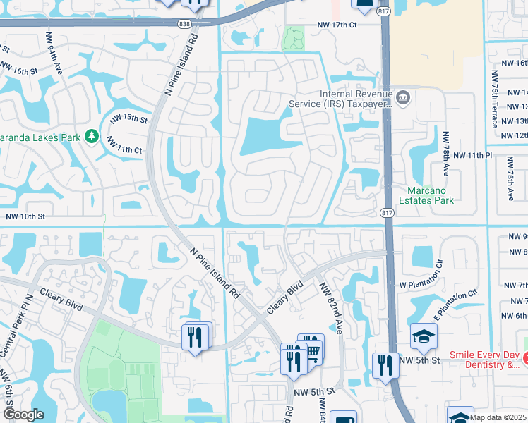 map of restaurants, bars, coffee shops, grocery stores, and more near 8530 Northwest 10th Street in Plantation