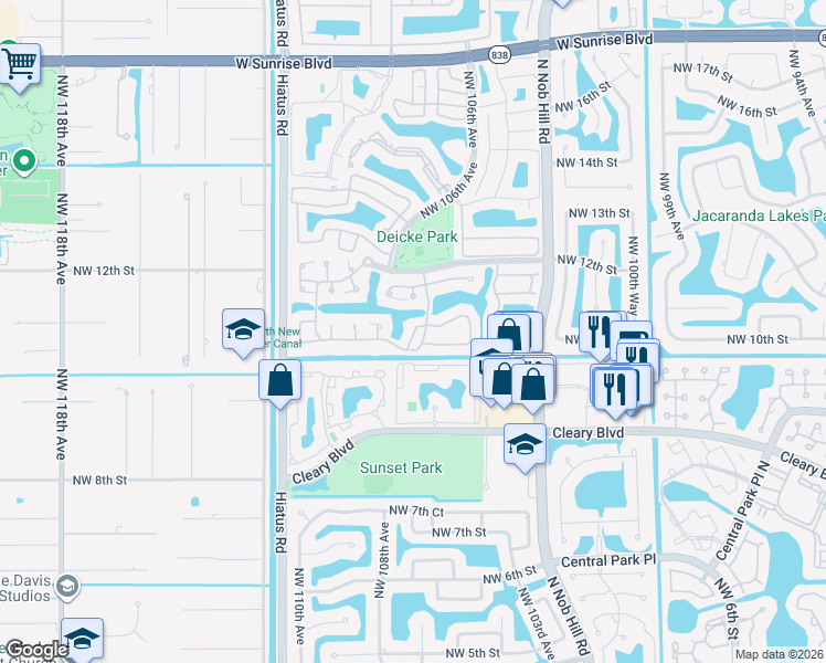 map of restaurants, bars, coffee shops, grocery stores, and more near 10548 Northwest 10th Street in Plantation