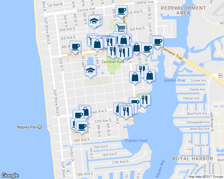 map of restaurants, bars, coffee shops, grocery stores, and more near 1011 7th Street South in Naples