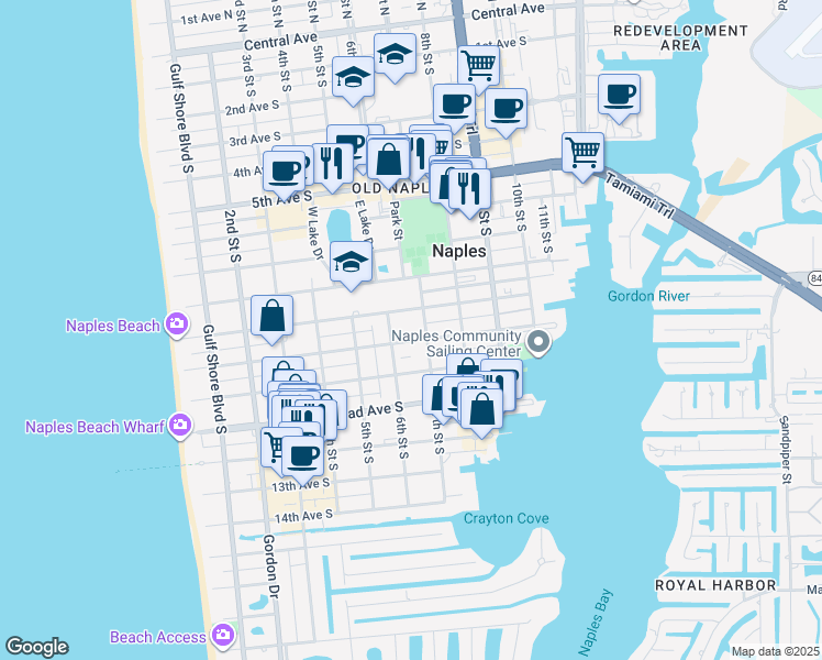 map of restaurants, bars, coffee shops, grocery stores, and more near 611 10th Avenue South in Naples