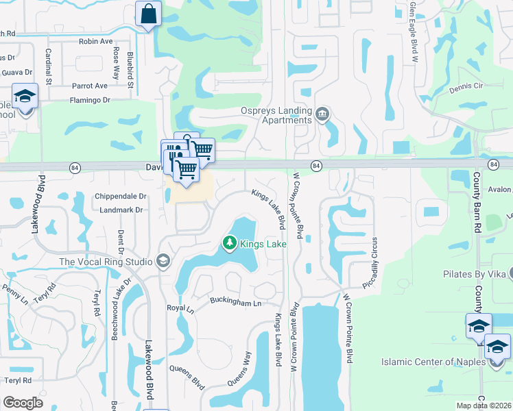 map of restaurants, bars, coffee shops, grocery stores, and more near 3056 Kings Lake Boulevard in Naples