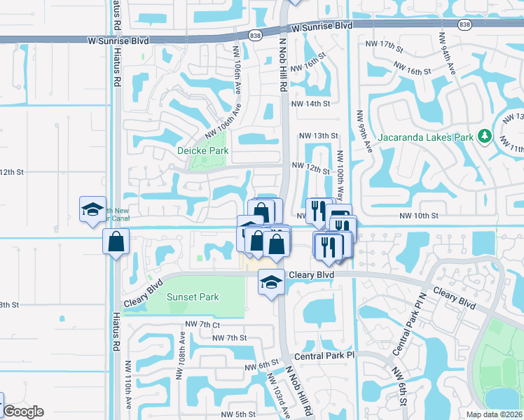 map of restaurants, bars, coffee shops, grocery stores, and more near 10320 Northwest 10th Court in Plantation