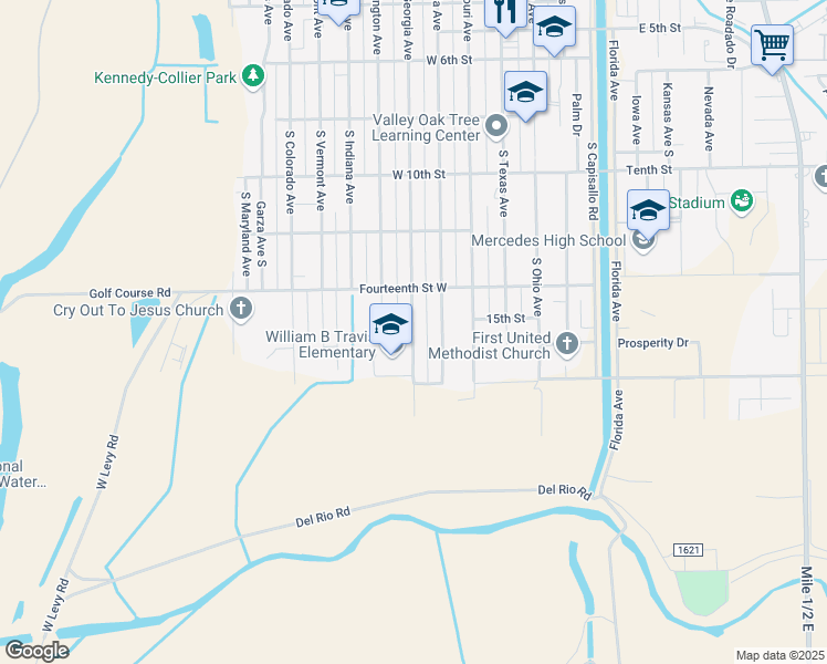 map of restaurants, bars, coffee shops, grocery stores, and more near 1551 South Georgia Avenue in Mercedes