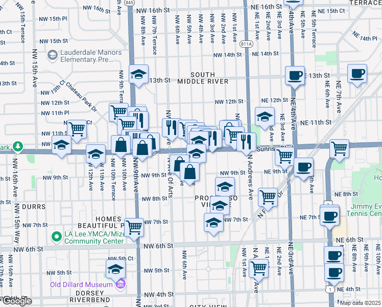 map of restaurants, bars, coffee shops, grocery stores, and more near 500 West Sunrise Boulevard in Fort Lauderdale