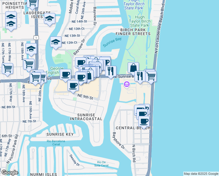 map of restaurants, bars, coffee shops, grocery stores, and more near 936 Intracoastal Drive in Fort Lauderdale