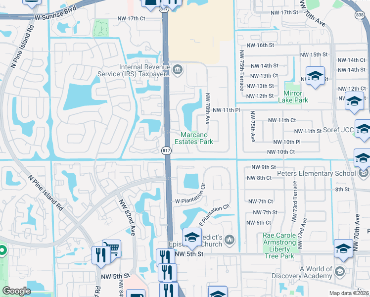 map of restaurants, bars, coffee shops, grocery stores, and more near 7940 Northwest 10th Street in Plantation