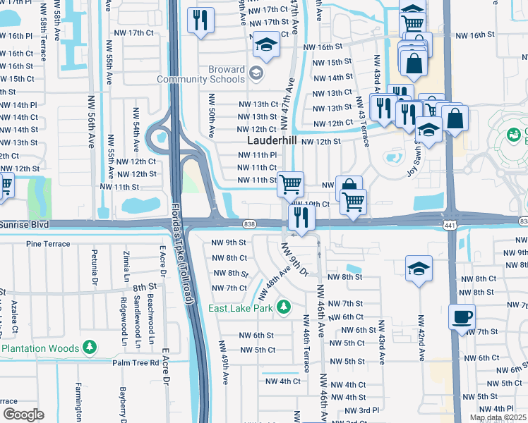 map of restaurants, bars, coffee shops, grocery stores, and more near 12 Northwest 10th Court in Plantation