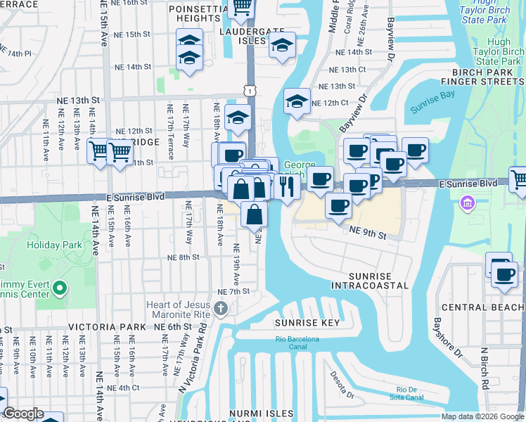 map of restaurants, bars, coffee shops, grocery stores, and more near 856 Northeast 20th Avenue in Fort Lauderdale