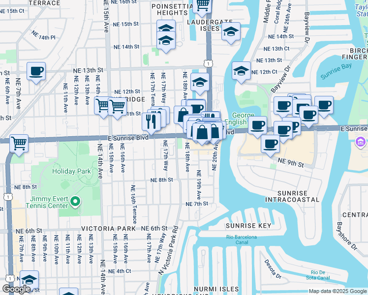 map of restaurants, bars, coffee shops, grocery stores, and more near 211 Northeast 9th Street in Fort Lauderdale