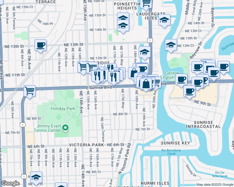 map of restaurants, bars, coffee shops, grocery stores, and more near 911 Northeast 17th Way in Fort Lauderdale