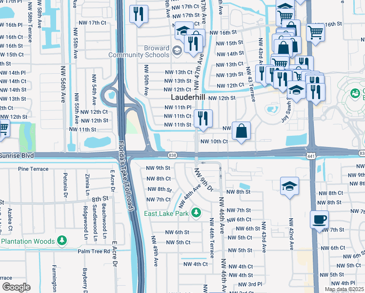 map of restaurants, bars, coffee shops, grocery stores, and more near 12 Northwest 10th Court in Plantation