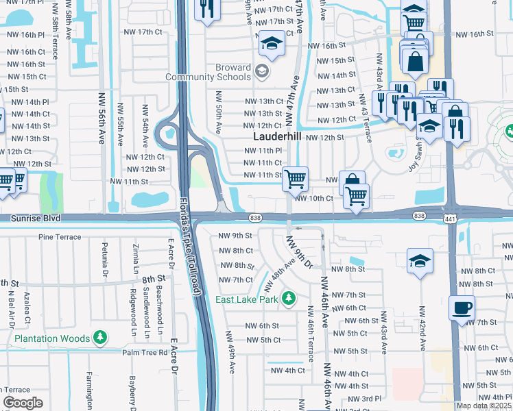 map of restaurants, bars, coffee shops, grocery stores, and more near 12 Northwest 10th Court in Plantation