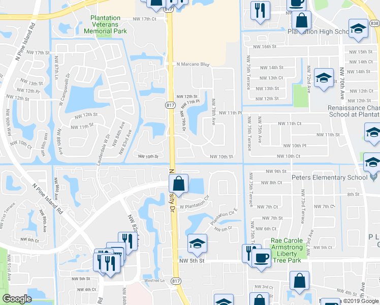 map of restaurants, bars, coffee shops, grocery stores, and more near 7940 Northwest 10th Street in Plantation