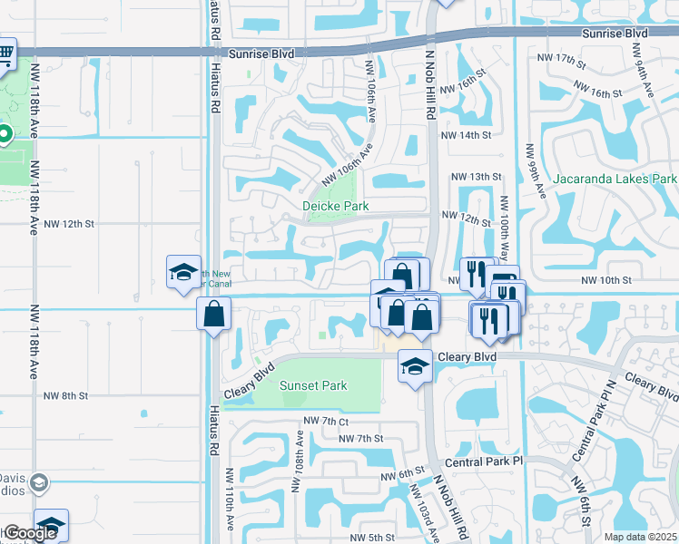 map of restaurants, bars, coffee shops, grocery stores, and more near 10548 Northwest 10th Street in Plantation