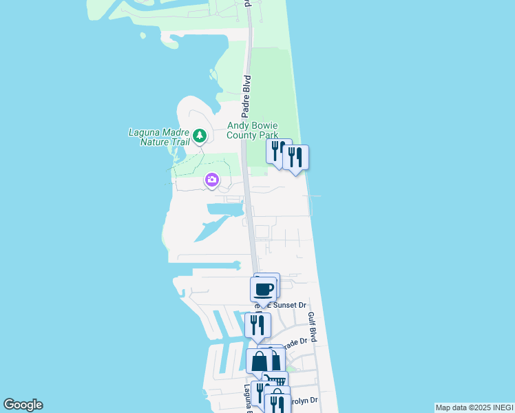 map of restaurants, bars, coffee shops, grocery stores, and more near 6608 Padre Boulevard in South Padre Island