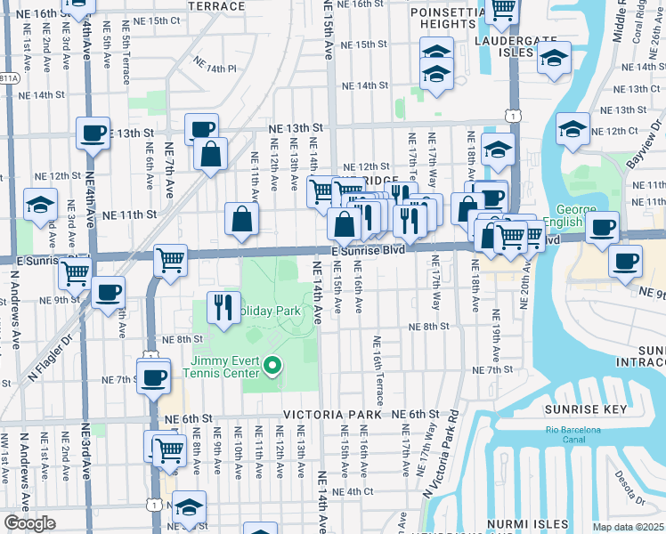 map of restaurants, bars, coffee shops, grocery stores, and more near 912-918 Northeast 15th Avenue in Fort Lauderdale