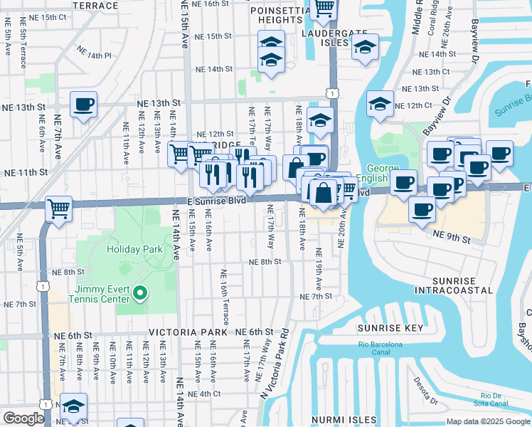 map of restaurants, bars, coffee shops, grocery stores, and more near 911 Northeast 17th Way in Fort Lauderdale