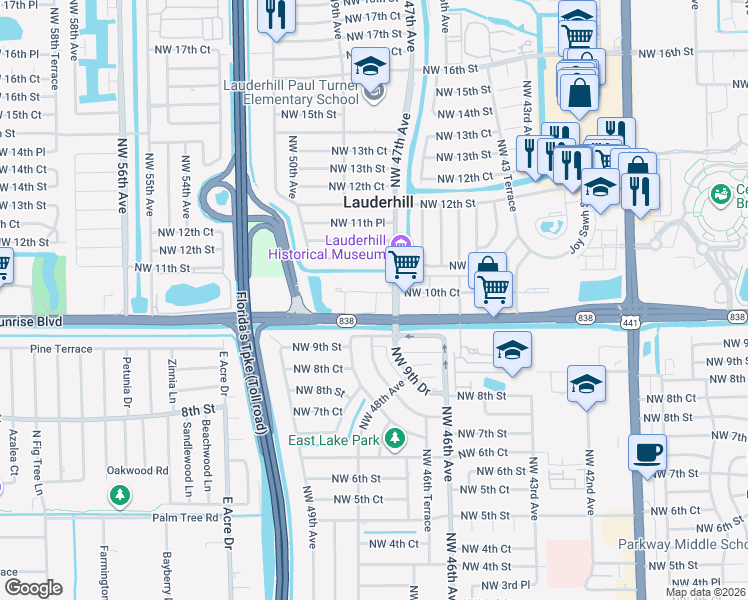 map of restaurants, bars, coffee shops, grocery stores, and more near 12 Northwest 10th Court in Plantation