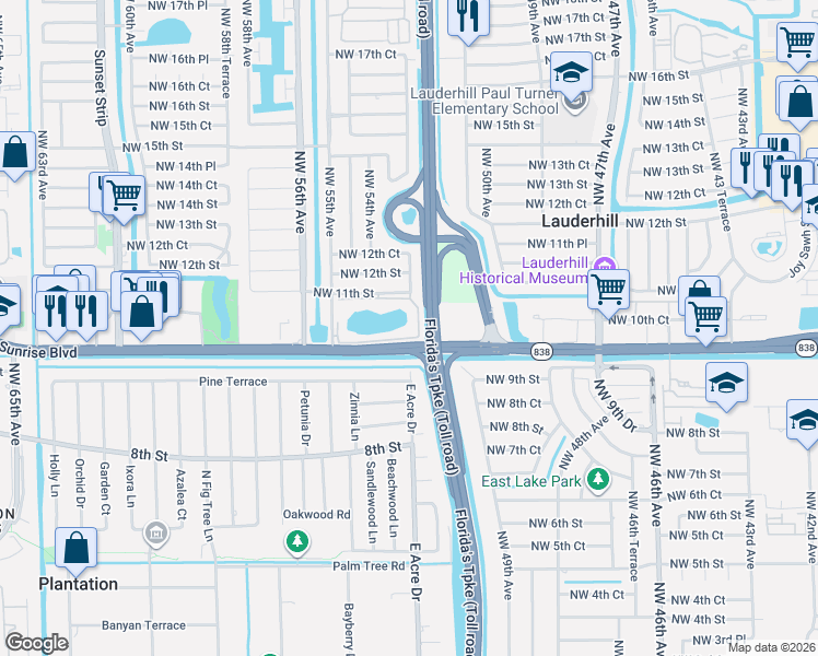 map of restaurants, bars, coffee shops, grocery stores, and more near 5275 Northwest 10th Court in Plantation