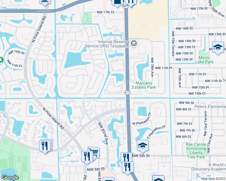 map of restaurants, bars, coffee shops, grocery stores, and more near 8070 Northwest 10th Street in Plantation