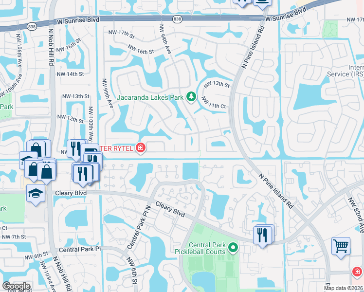 map of restaurants, bars, coffee shops, grocery stores, and more near 9460 Northwest 10th Street in Plantation