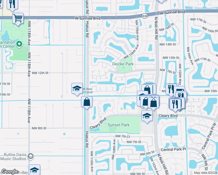 map of restaurants, bars, coffee shops, grocery stores, and more near 10580 Northwest 10th Street in Plantation