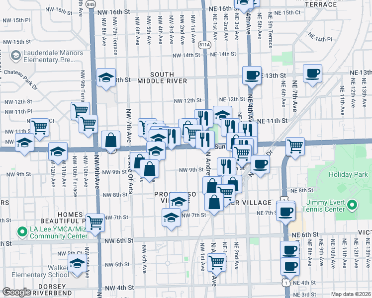 map of restaurants, bars, coffee shops, grocery stores, and more near 925 Northwest 2nd Avenue in Fort Lauderdale