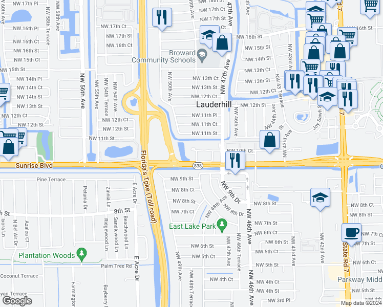 map of restaurants, bars, coffee shops, grocery stores, and more near 104 Northwest 49th Avenue in Plantation