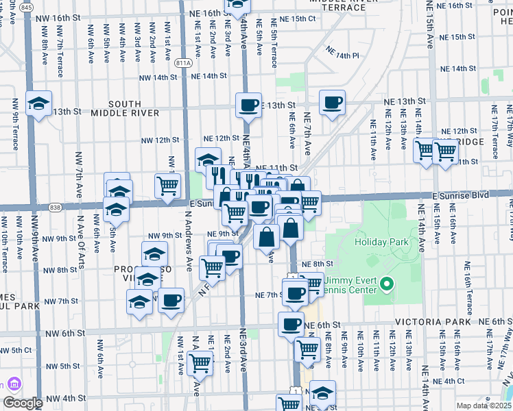 map of restaurants, bars, coffee shops, grocery stores, and more near 414 East Sunrise Boulevard in Fort Lauderdale