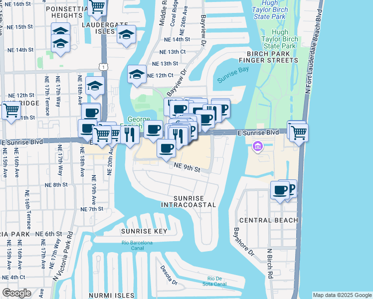 map of restaurants, bars, coffee shops, grocery stores, and more near 2472 East Sunrise Boulevard in Fort Lauderdale