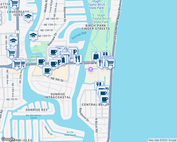 map of restaurants, bars, coffee shops, grocery stores, and more near 2845 Northeast 9th Street in Fort Lauderdale