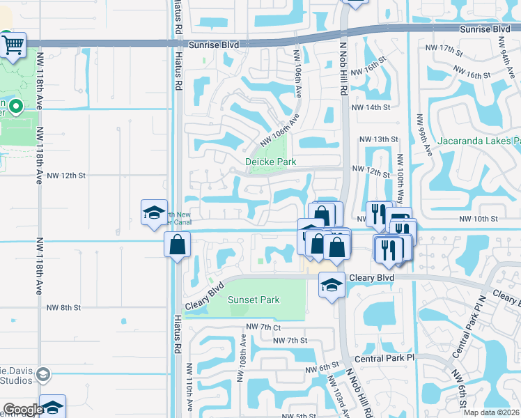 map of restaurants, bars, coffee shops, grocery stores, and more near 1004 Northwest 105th Way in Plantation