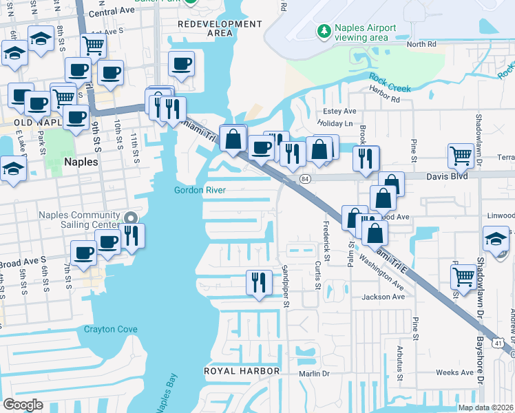 map of restaurants, bars, coffee shops, grocery stores, and more near 1585 Pelican Avenue in Naples
