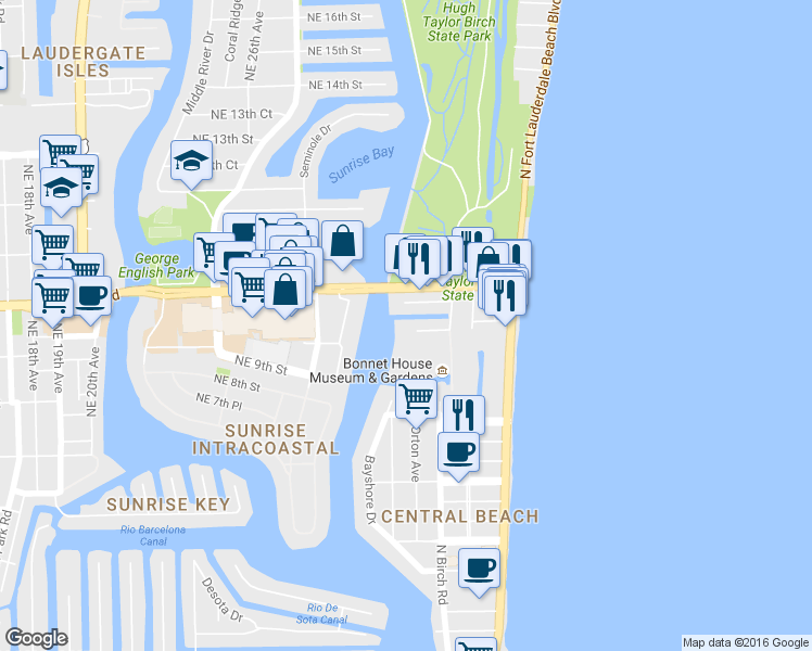 map of restaurants, bars, coffee shops, grocery stores, and more near 2845 Northeast 9th Street in Fort Lauderdale