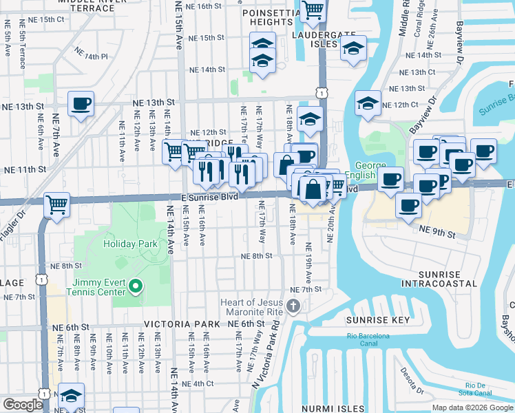 map of restaurants, bars, coffee shops, grocery stores, and more near 911 Northeast 17th Way in Fort Lauderdale