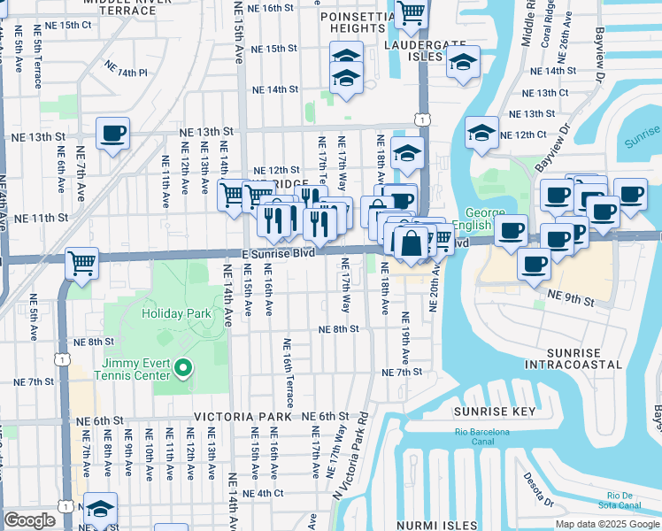 map of restaurants, bars, coffee shops, grocery stores, and more near 911 Northeast 17th Way in Fort Lauderdale
