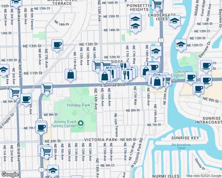 map of restaurants, bars, coffee shops, grocery stores, and more near 915 Northeast 16th Terrace in Fort Lauderdale