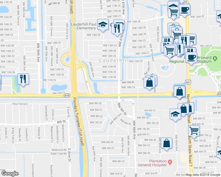 map of restaurants, bars, coffee shops, grocery stores, and more near 12 Northwest 10th Court in Plantation