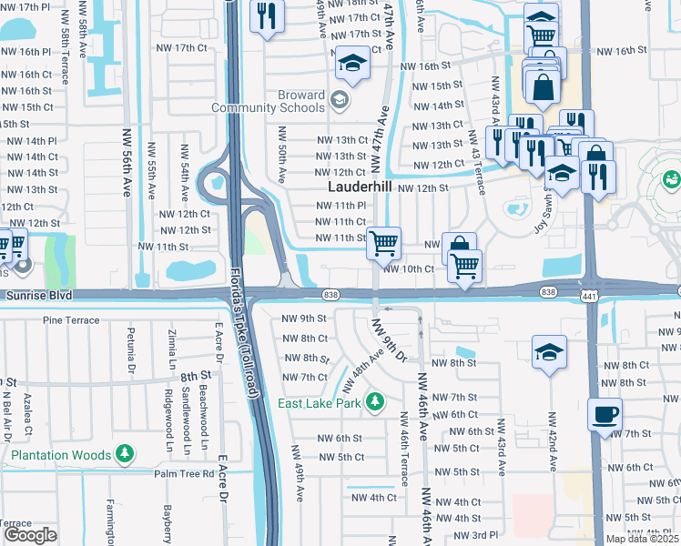 map of restaurants, bars, coffee shops, grocery stores, and more near 12 Northwest 10th Court in Plantation
