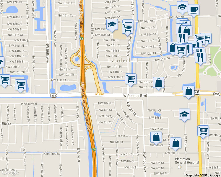map of restaurants, bars, coffee shops, grocery stores, and more near 104 Northwest 49th Avenue in Plantation
