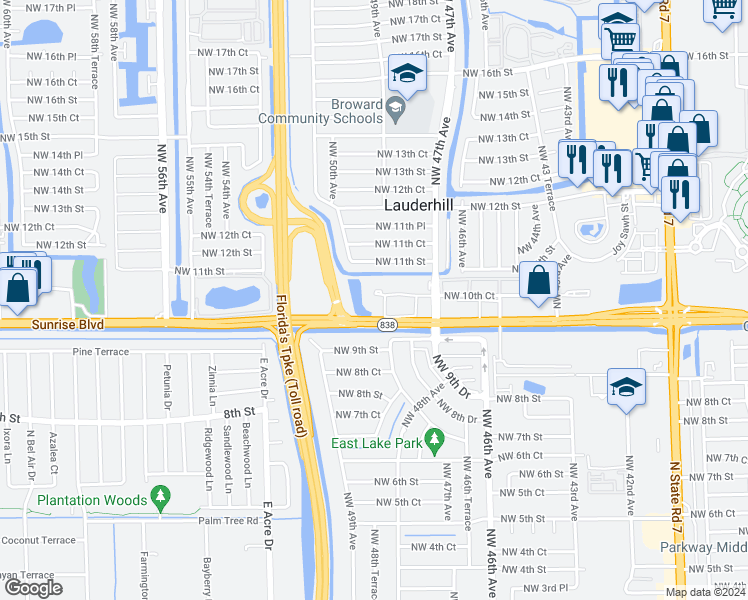 map of restaurants, bars, coffee shops, grocery stores, and more near 104 Northwest 49th Avenue in Plantation
