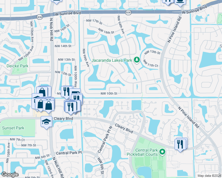 map of restaurants, bars, coffee shops, grocery stores, and more near 9680 Northwest 10th Street in Plantation