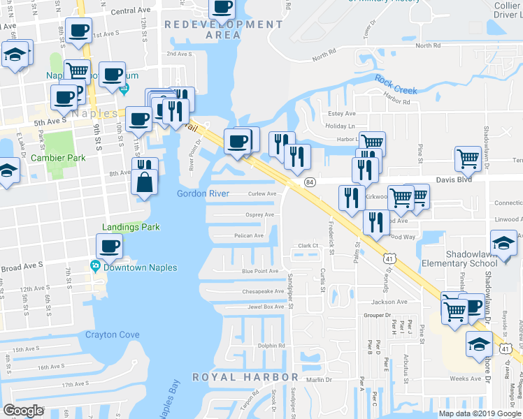 map of restaurants, bars, coffee shops, grocery stores, and more near 1575 Osprey Avenue in Naples