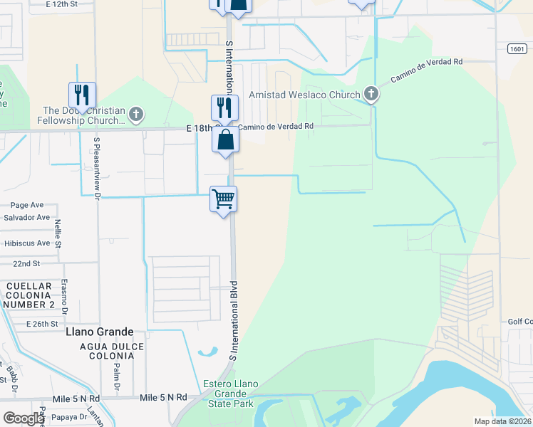 map of restaurants, bars, coffee shops, grocery stores, and more near 204 South International Boulevard in Weslaco