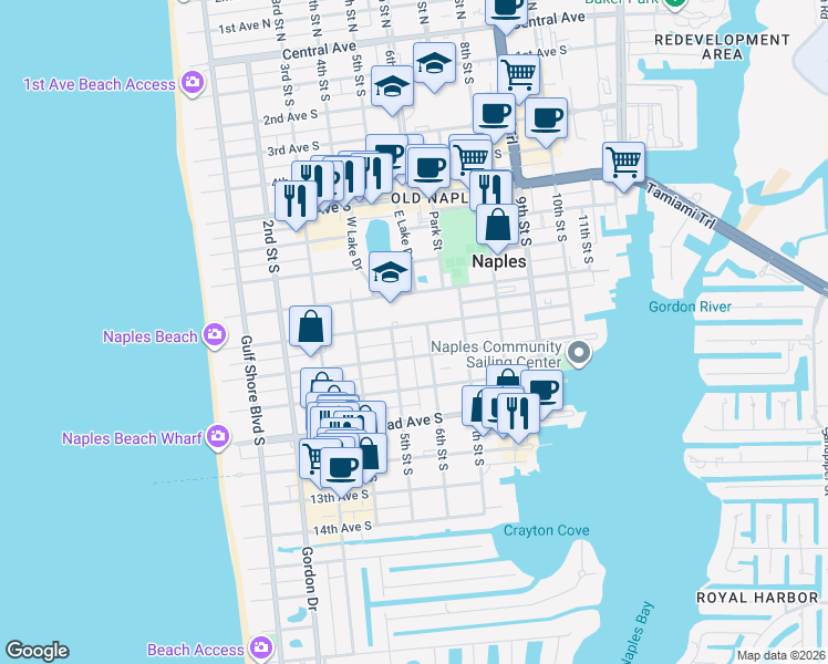 map of restaurants, bars, coffee shops, grocery stores, and more near 525 10th Avenue South in Naples