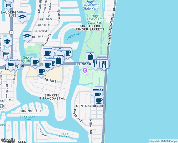 map of restaurants, bars, coffee shops, grocery stores, and more near 2920 Northeast 9th Court in Fort Lauderdale
