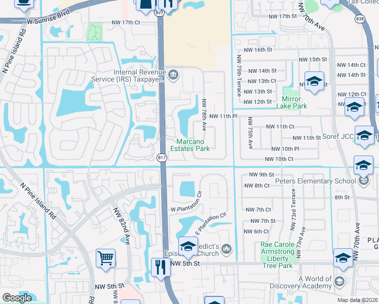 map of restaurants, bars, coffee shops, grocery stores, and more near 7851 South Marcano Boulevard in Plantation