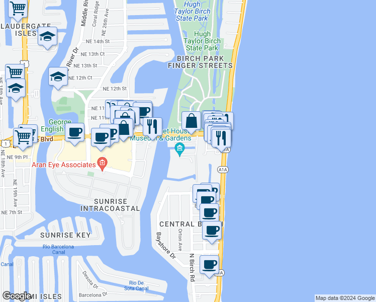 map of restaurants, bars, coffee shops, grocery stores, and more near 2920 Northeast 9th Court in Fort Lauderdale