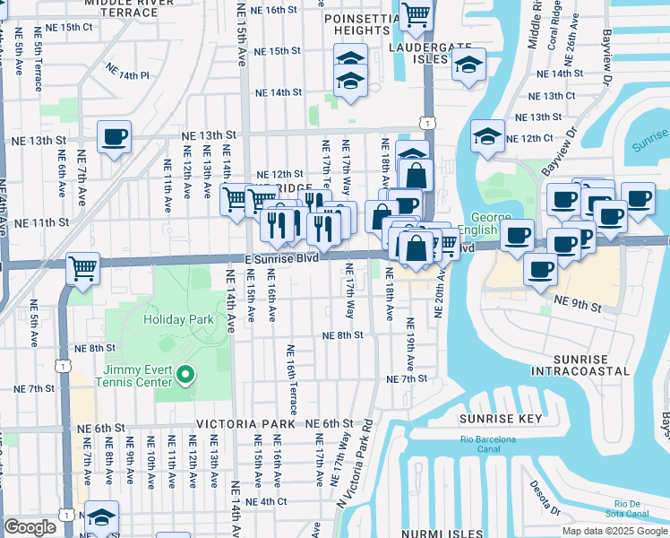 map of restaurants, bars, coffee shops, grocery stores, and more near 6761 East Sunrise Boulevard in Fort Lauderdale