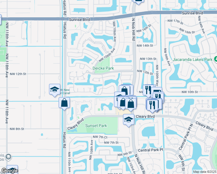 map of restaurants, bars, coffee shops, grocery stores, and more near 10505 Northwest 10th Court in Plantation